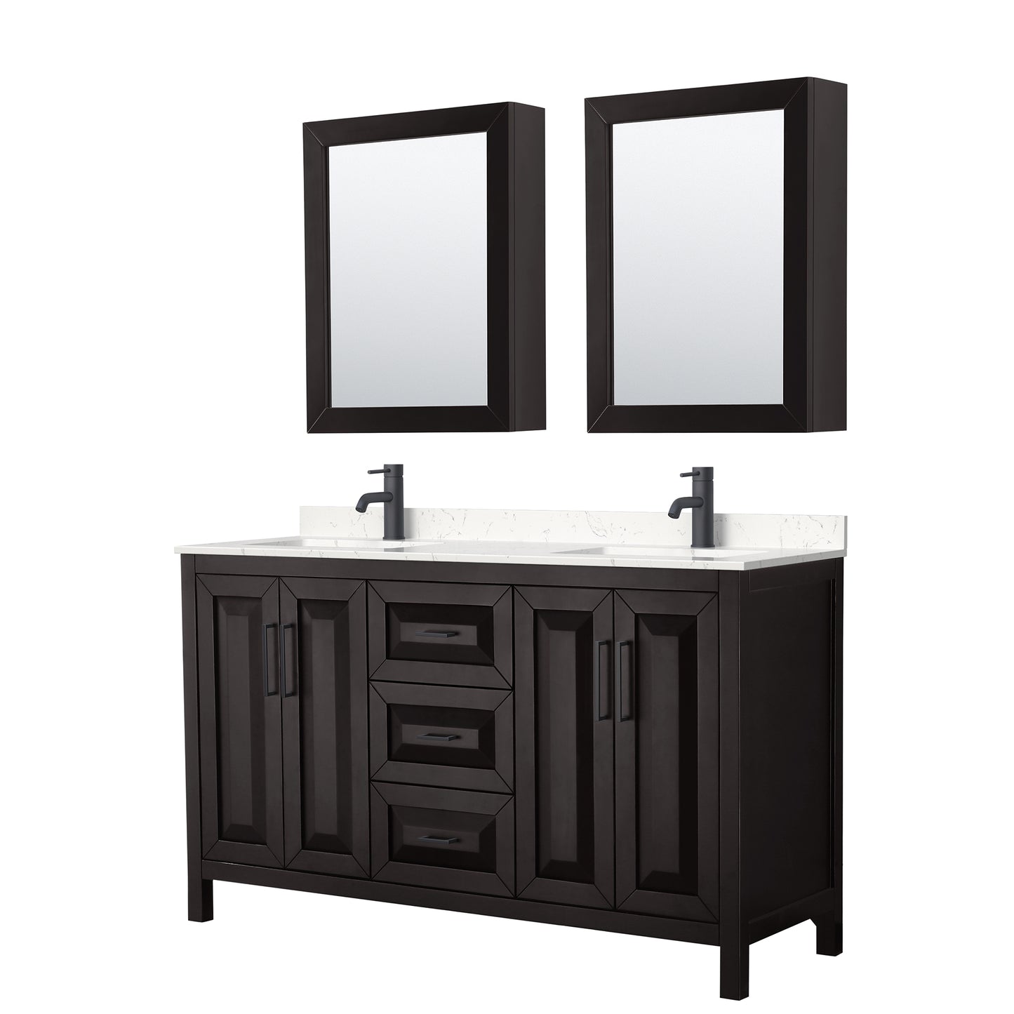 Wyndham Daria 60 Inch Double Bathroom Vanity Light-Vein Carrara Cultured Marble Countertop, Undermount Square Sinks in Matte Black Trim with Medicine Cabinets - Luxe Bathroom Vanities