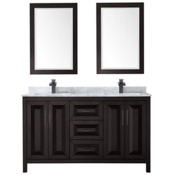 Wyndham Daria 60 Inch Double Bathroom Vanity White Carrara Marble Countertop, Undermount Square Sinks in Matte Black Trim with 24 Inch Mirrors - Luxe Bathroom Vanities
