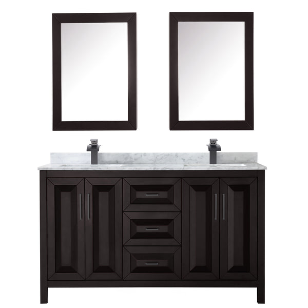 Wyndham Daria 60 Inch Double Bathroom Vanity White Carrara Marble Countertop, Undermount Square Sinks in Matte Black Trim with Medicine Cabinets - Luxe Bathroom Vanities
