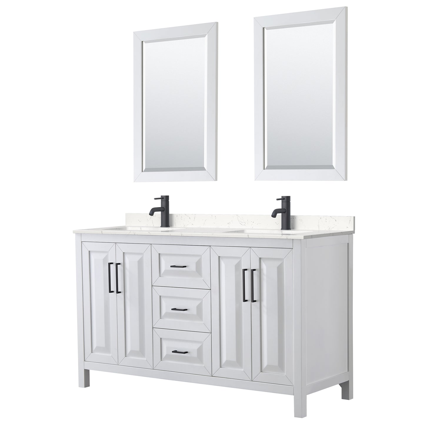 Wyndham Daria 60 Inch Double Bathroom Vanity Light-Vein Carrara Cultured Marble Countertop, Undermount Square Sinks in Matte Black Trim with 24 Inch Mirrors - Luxe Bathroom Vanities