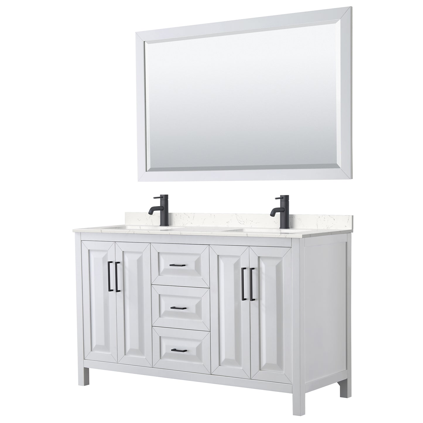 Wyndham Daria 60 Inch Double Bathroom Vanity Light-Vein Carrara Cultured Marble Countertop, Undermount Square Sinks in Matte Black Trim with 58 Inch Mirror - Luxe Bathroom Vanities