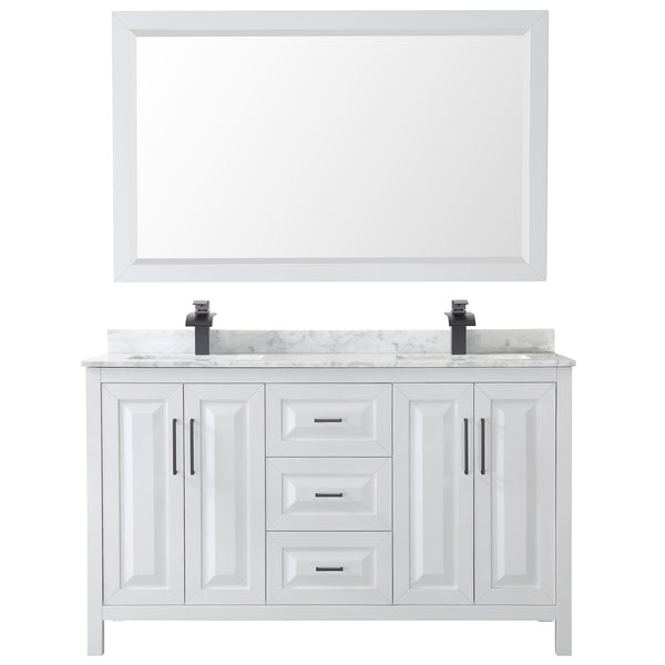 Wyndham Daria 60 Inch Double Bathroom Vanity White Carrara Marble Countertop, Undermount Square Sinks in Matte Black Trim with 58 Inch Mirror - Luxe Bathroom Vanities