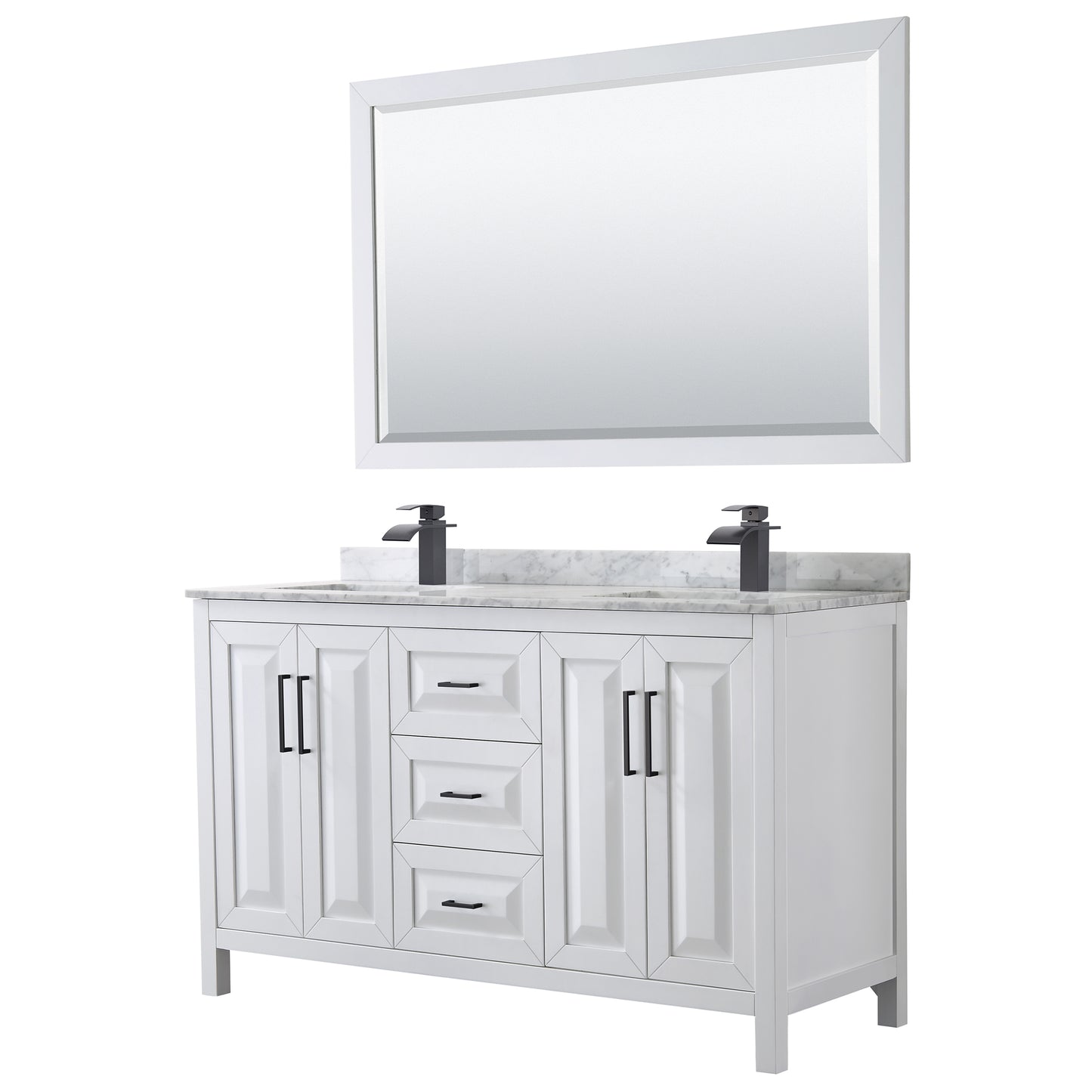 Wyndham Daria 60 Inch Double Bathroom Vanity White Carrara Marble Countertop, Undermount Square Sinks in Matte Black Trim with 58 Inch Mirror - Luxe Bathroom Vanities