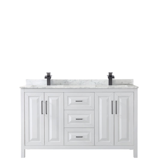 Wyndham Daria 60 Inch Double Bathroom Vanity White Carrara Marble Countertop with Undermount Square Sinks in Matte Black Trim - Luxe Bathroom Vanities
