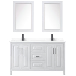 Wyndham Daria 60 Inch Double Bathroom Vanity White Cultured Marble Countertop, Undermount Square Sinks in Matte Black Trim with 24 Inch Mirrors - Luxe Bathroom Vanities