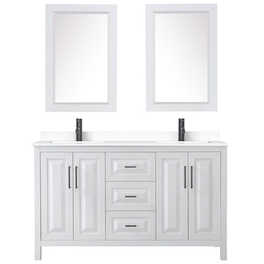 Wyndham Daria 60 Inch Double Bathroom Vanity White Cultured Marble Countertop, Undermount Square Sinks in Matte Black Trim with 24 Inch Mirrors - Luxe Bathroom Vanities