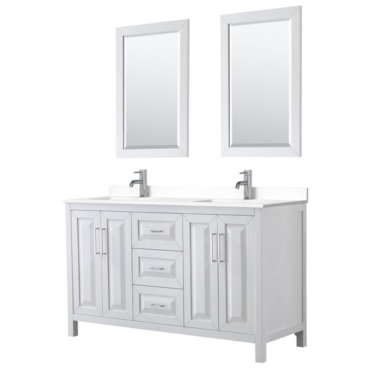 Wyndham Collection Daria 60 Inch Double Bathroom Vanity in White, White Cultured Marble Countertop, Undermount Square Sinks, 24 Inch Mirrors - Luxe Bathroom Vanities