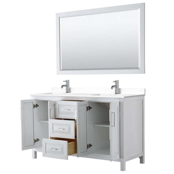 Wyndham Collection Daria 60 Inch Double Bathroom Vanity in White, White Cultured Marble Countertop, Undermount Square Sinks, 58 Inch Mirror - Luxe Bathroom Vanities