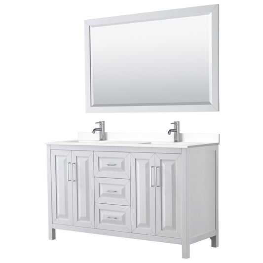 Wyndham Collection Daria 60 Inch Double Bathroom Vanity in White, White Cultured Marble Countertop, Undermount Square Sinks, 58 Inch Mirror - Luxe Bathroom Vanities