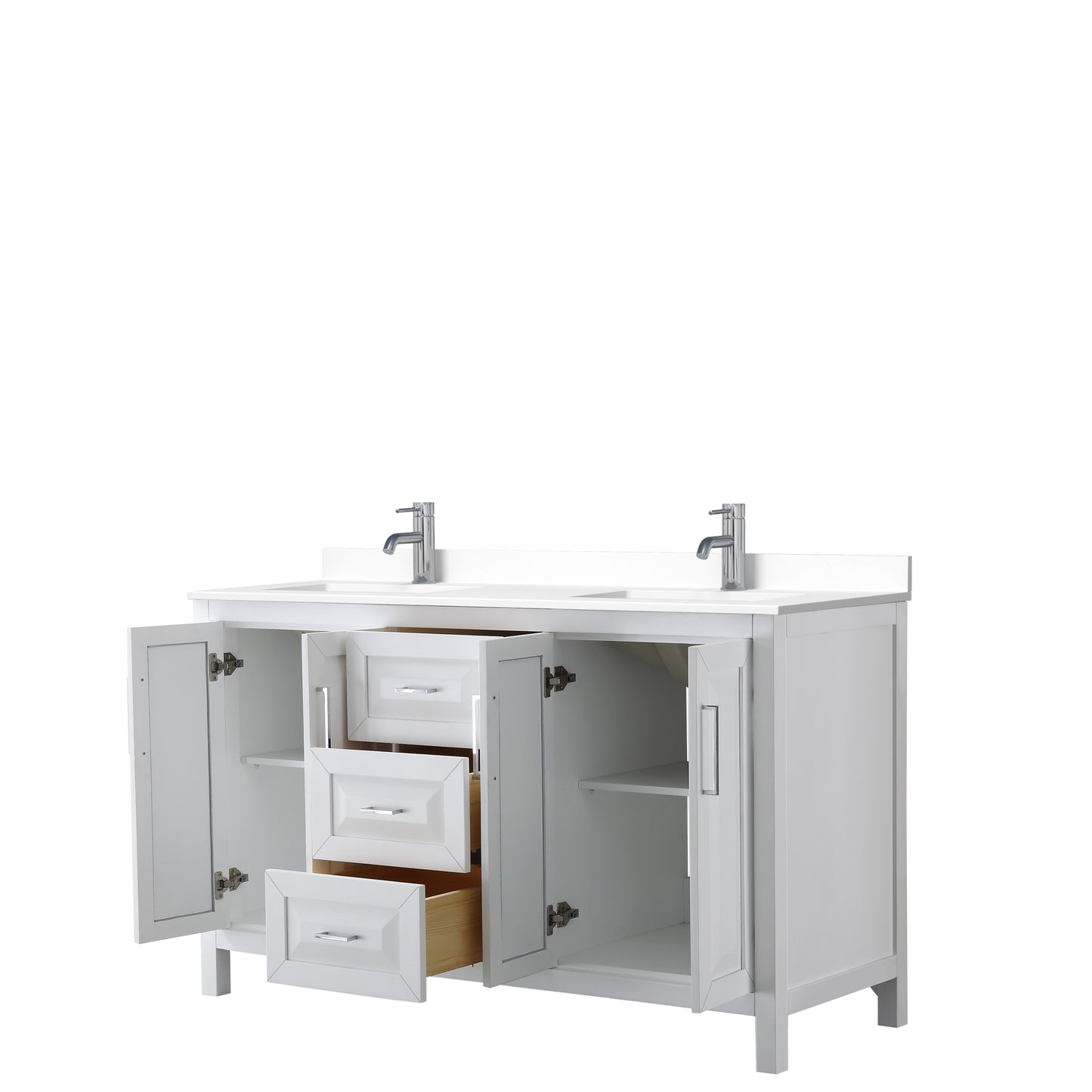 Wyndham Collection Daria 60 Inch Double Bathroom Vanity in White, White Cultured Marble Countertop, Undermount Square Sinks, No Mirror - Luxe Bathroom Vanities