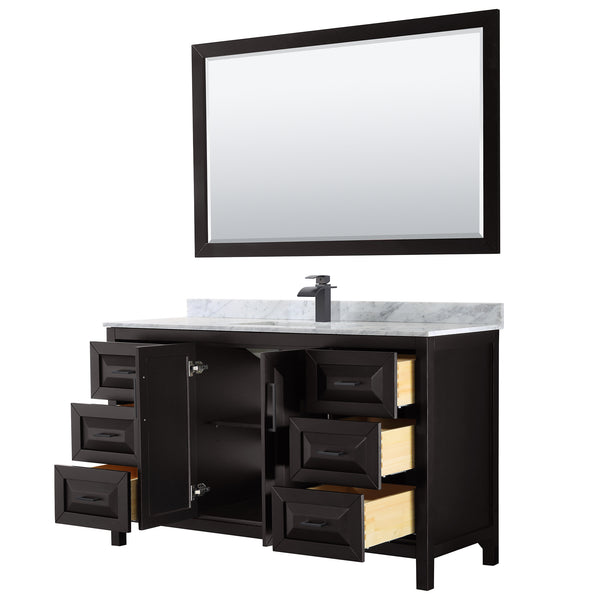 Wyndham Daria 60 Inch Single Bathroom Vanity White Carrara Marble Countertop, Undermount Square Sink in Matte Black Trim with 58 Inch Mirror - Luxe Bathroom Vanities