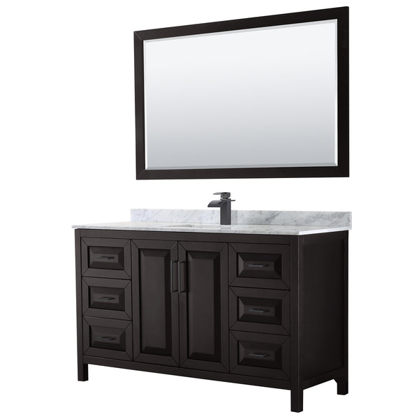 Wyndham Daria 60 Inch Single Bathroom Vanity White Carrara Marble Countertop, Undermount Square Sink in Matte Black Trim with 58 Inch Mirror - Luxe Bathroom Vanities