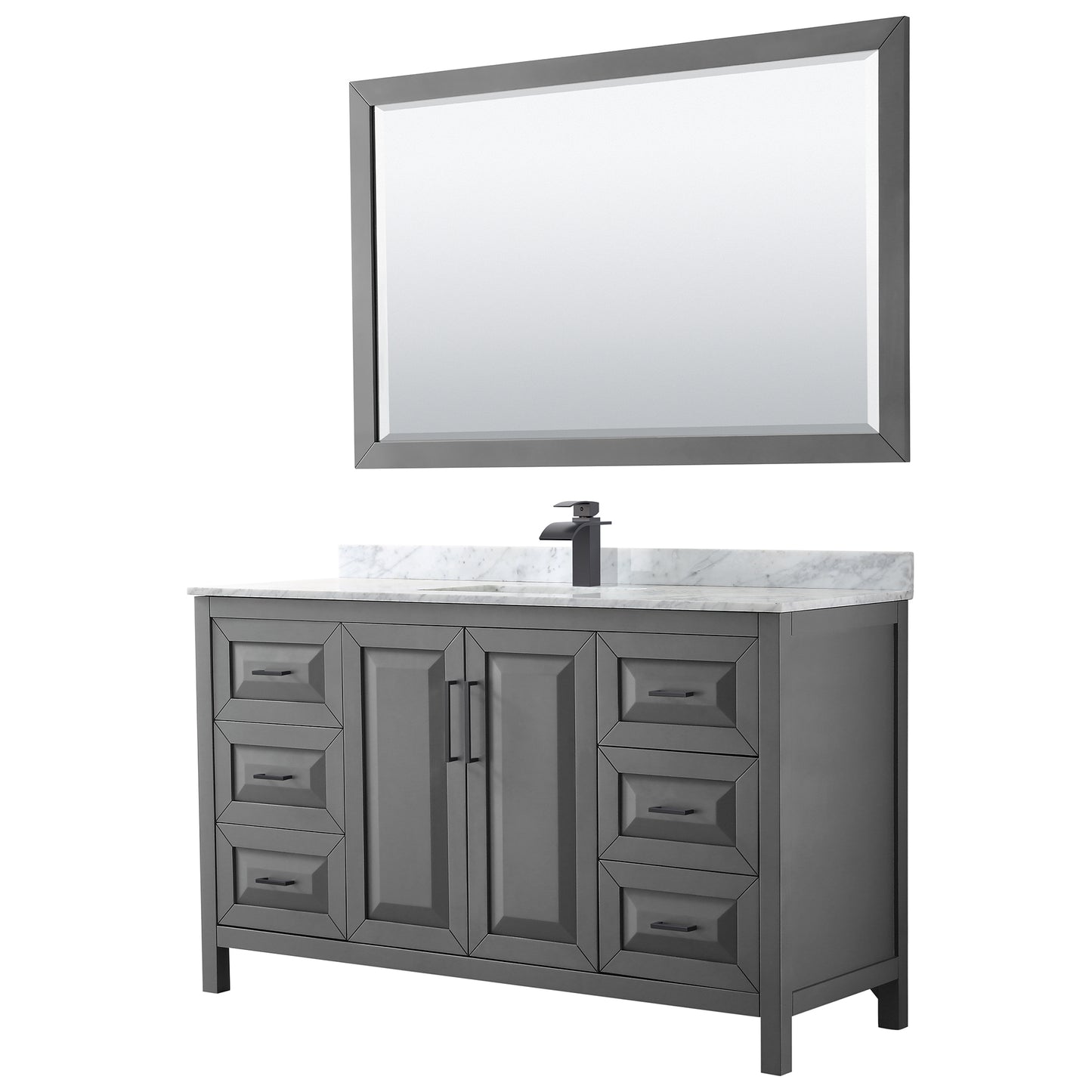 Wyndham Daria 60 Inch Single Bathroom Vanity White Carrara Marble Countertop, Undermount Square Sink in Matte Black Trim with 58 Inch Mirror - Luxe Bathroom Vanities