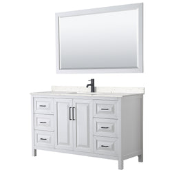 Wyndham Daria 60 Inch Single Bathroom Vanity Light-Vein Carrara Cultured Marble Countertop, Undermount Square Sink in Matte Black Trim with 58 Inch Mirror - Luxe Bathroom Vanities