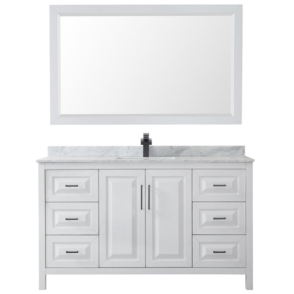 Wyndham Daria 60 Inch Single Bathroom Vanity White Carrara Marble Countertop, Undermount Square Sink in Matte Black Trim with 58 Inch Mirror - Luxe Bathroom Vanities