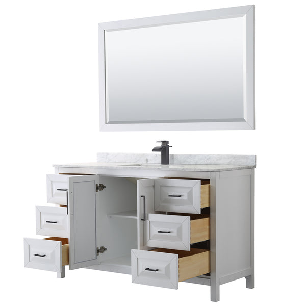 Wyndham Daria 60 Inch Single Bathroom Vanity White Carrara Marble Countertop, Undermount Square Sink in Matte Black Trim with 58 Inch Mirror - Luxe Bathroom Vanities