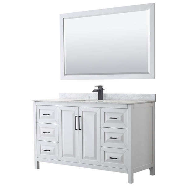 Wyndham Daria 60 Inch Single Bathroom Vanity White Carrara Marble Countertop, Undermount Square Sink in Matte Black Trim with 58 Inch Mirror - Luxe Bathroom Vanities