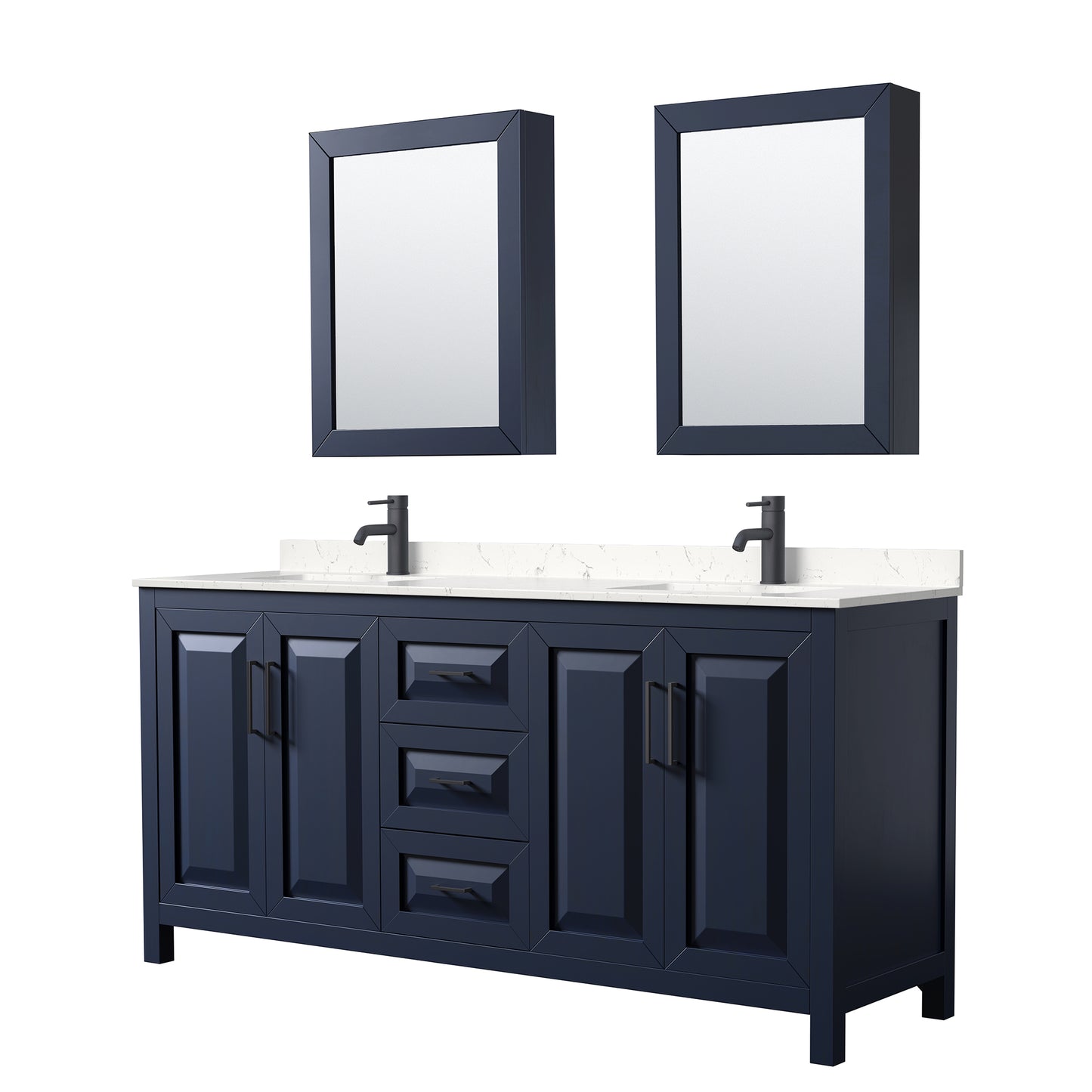 Wyndham Daria 72 Inch Double Bathroom Vanity Light-Vein Carrara Cultured Marble Countertop, Undermount Square Sinks in Matte Black Trim with Medicine Cabinets - Luxe Bathroom Vanities