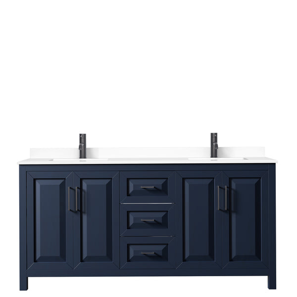 Wyndham Daria 72 Inch Double Bathroom Vanity White Cultured Marble Countertop with Undermount Square Sinks in Matte Black Trim - Luxe Bathroom Vanities