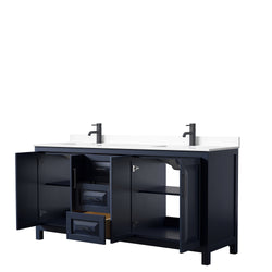 Wyndham Daria 72 Inch Double Bathroom Vanity White Cultured Marble Countertop with Undermount Square Sinks in Matte Black Trim - Luxe Bathroom Vanities