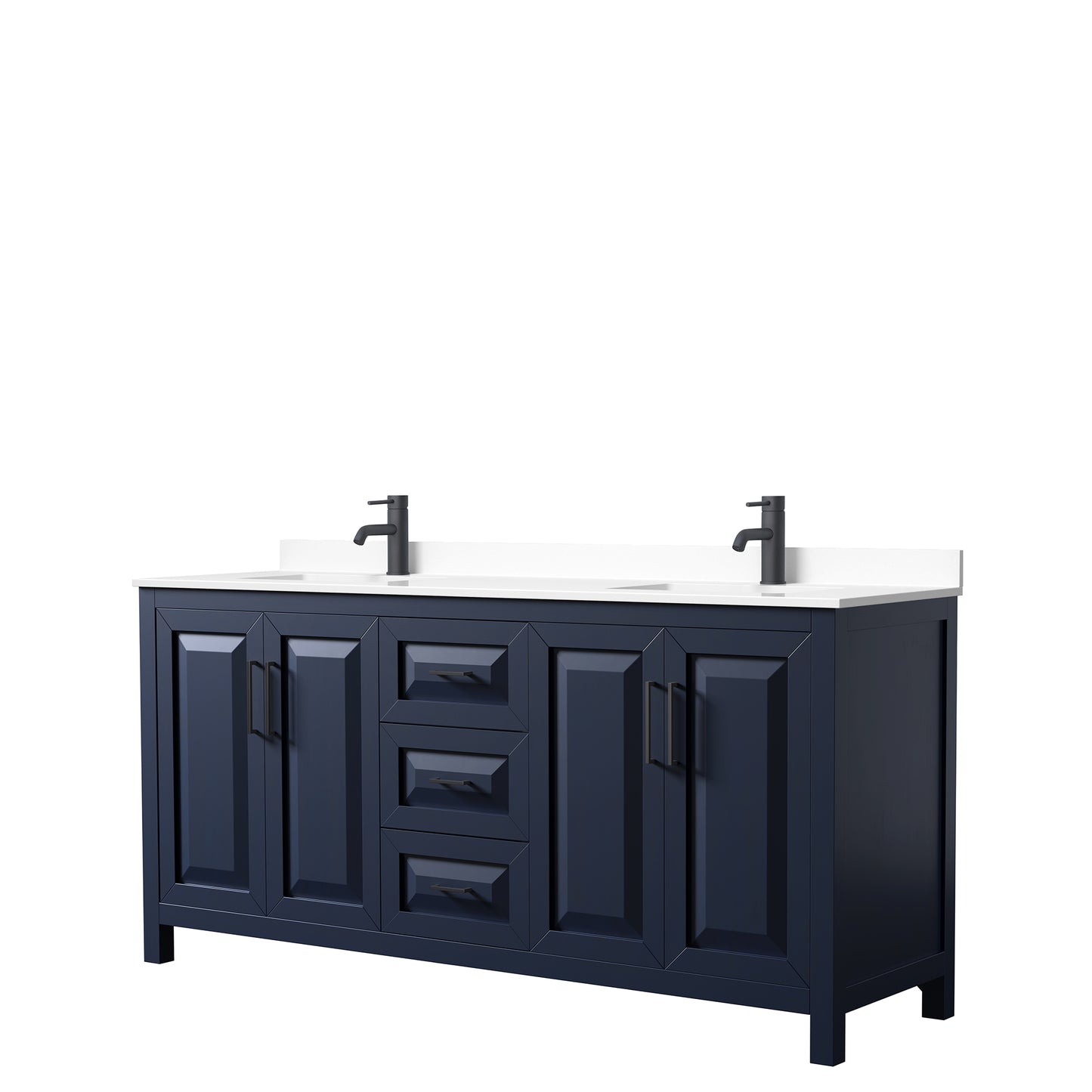 Wyndham Daria 72 Inch Double Bathroom Vanity White Cultured Marble Countertop with Undermount Square Sinks in Matte Black Trim - Luxe Bathroom Vanities