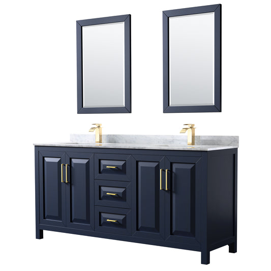 72 Inch Double Bathroom Vanity in Dark Blue, White Carrara Marble Countertop, Undermount Square Sinks, 24 Inch Mirrors - Luxe Bathroom Vanities Luxury Bathroom Fixtures Bathroom Furniture