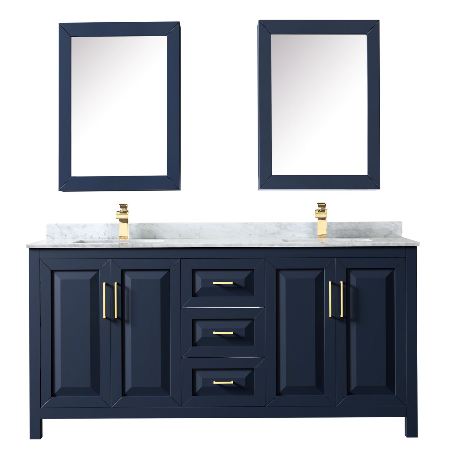 72 Inch Double Bathroom Vanity in Dark Blue, White Carrara Marble Countertop, Undermount Square Sinks, Medicine Cabinets - Luxe Bathroom Vanities Luxury Bathroom Fixtures Bathroom Furniture