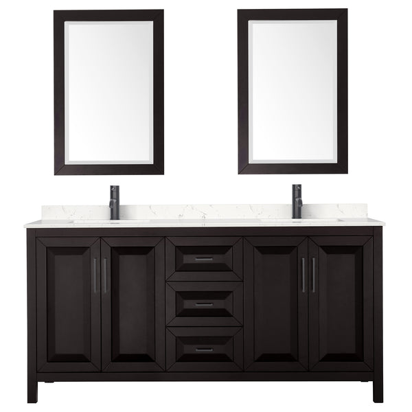 Wyndham Daria 72 Inch Double Bathroom Vanity Light-Vein Carrara Cultured Marble Countertop, Undermount Square Sinks in Matte Black Trim with 24 Inch Mirrors - Luxe Bathroom Vanities
