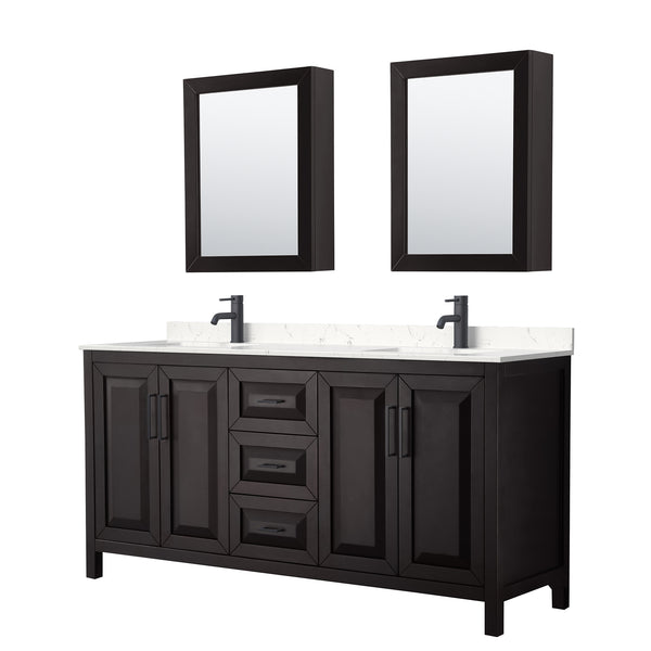 Wyndham Daria 72 Inch Double Bathroom Vanity Light-Vein Carrara Cultured Marble Countertop, Undermount Square Sinks in Matte Black Trim with Medicine Cabinets - Luxe Bathroom Vanities