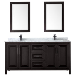 Wyndham Daria 72 Inch Double Bathroom Vanity White Carrara Marble Countertop, Undermount Square Sinks in Matte Black Trim with 24 Inch Mirrors - Luxe Bathroom Vanities