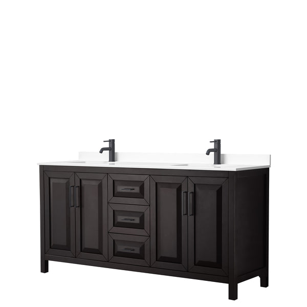 Wyndham Daria 72 Inch Double Bathroom Vanity White Cultured Marble Countertop with Undermount Square Sinks in Matte Black Trim - Luxe Bathroom Vanities