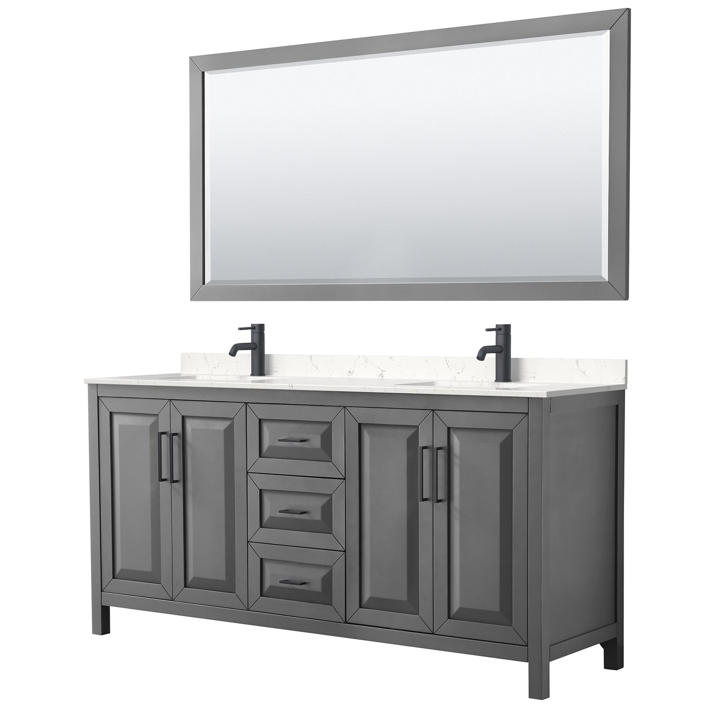 Wyndham Daria 72 Inch Double Bathroom Vanity Light-Vein Carrara Cultured Marble Countertop, Undermount Square Sinks in Matte Black Trim with 70 Inch Mirror - Luxe Bathroom Vanities
