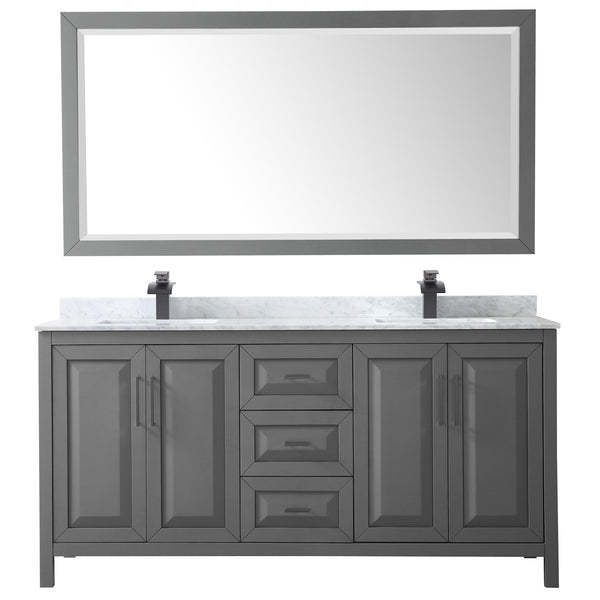 Wyndham Daria 72 Inch Double Bathroom Vanity White Carrara Marble Countertop, Undermount Square Sinks in Matte Black Trim with 70 Inch Mirror - Luxe Bathroom Vanities