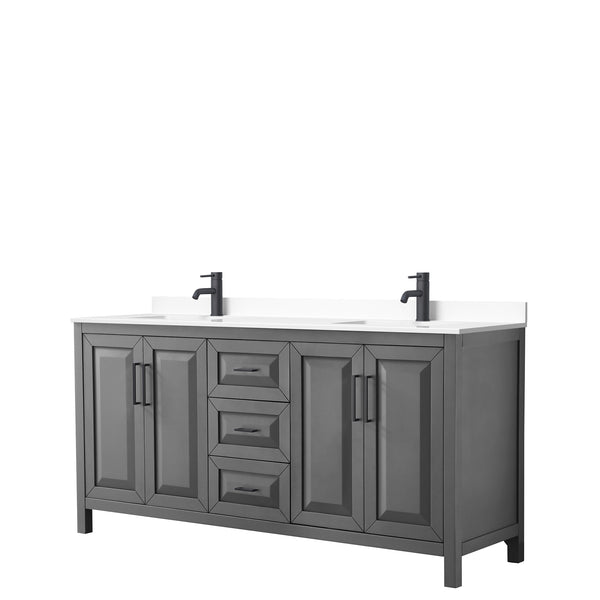 Wyndham Daria 72 Inch Double Bathroom Vanity White Cultured Marble Countertop with Undermount Square Sinks in Matte Black Trim - Luxe Bathroom Vanities