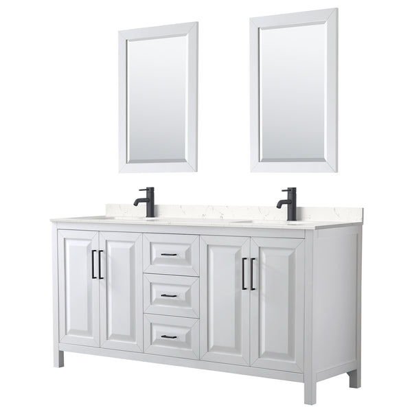 Wyndham Daria 72 Inch Double Bathroom Vanity Light-Vein Carrara Cultured Marble Countertop, Undermount Square Sinks in Matte Black Trim with 24 Inch Mirrors - Luxe Bathroom Vanities