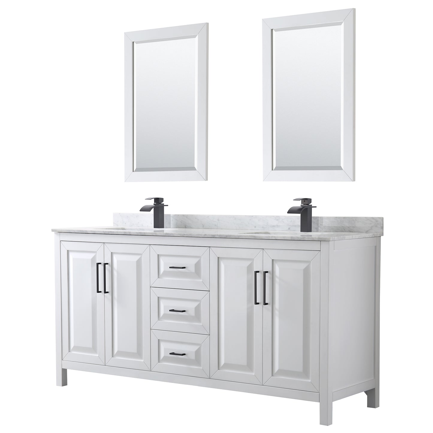 Wyndham Daria 72 Inch Double Bathroom Vanity White Carrara Marble Countertop, Undermount Square Sinks in Matte Black Trim with 24 Inch Mirrors - Luxe Bathroom Vanities