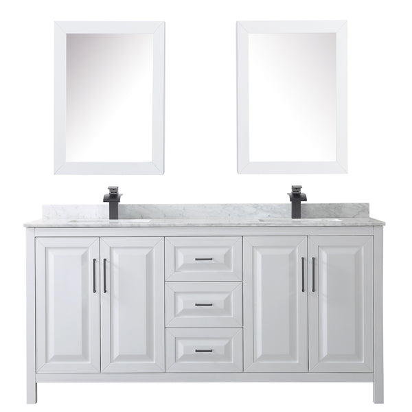 Wyndham Daria 72 Inch Double Bathroom Vanity White Carrara Marble Countertop, Undermount Square Sinks in Matte Black Trim with Medicine Cabinets - Luxe Bathroom Vanities