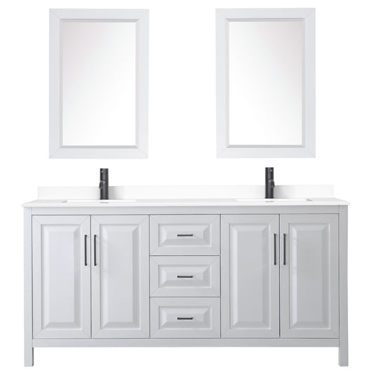 Wyndham Daria 72 Inch Double Bathroom Vanity White Cultured Marble Countertop, Undermount Square Sinks in Matte Black Trim with 24 Inch Mirrors - Luxe Bathroom Vanities