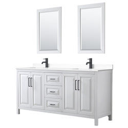 Wyndham Daria 72 Inch Double Bathroom Vanity White Cultured Marble Countertop, Undermount Square Sinks in Matte Black Trim with 24 Inch Mirrors - Luxe Bathroom Vanities