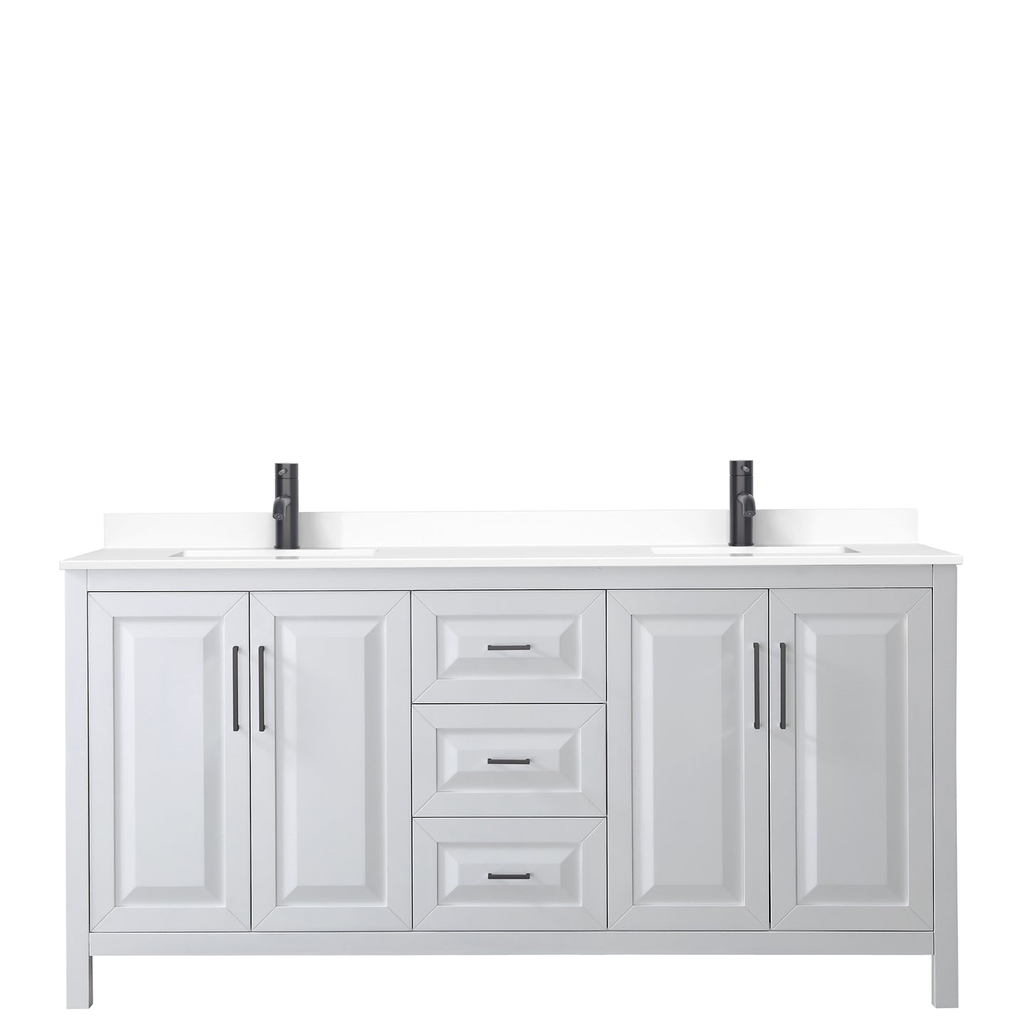 Wyndham Daria 72 Inch Double Bathroom Vanity White Cultured Marble Countertop with Undermount Square Sinks in Matte Black Trim - Luxe Bathroom Vanities