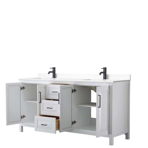 Wyndham Daria 72 Inch Double Bathroom Vanity White Cultured Marble Countertop with Undermount Square Sinks in Matte Black Trim - Luxe Bathroom Vanities