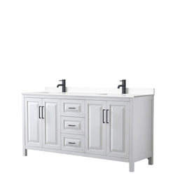 Wyndham Daria 72 Inch Double Bathroom Vanity White Cultured Marble Countertop with Undermount Square Sinks in Matte Black Trim - Luxe Bathroom Vanities