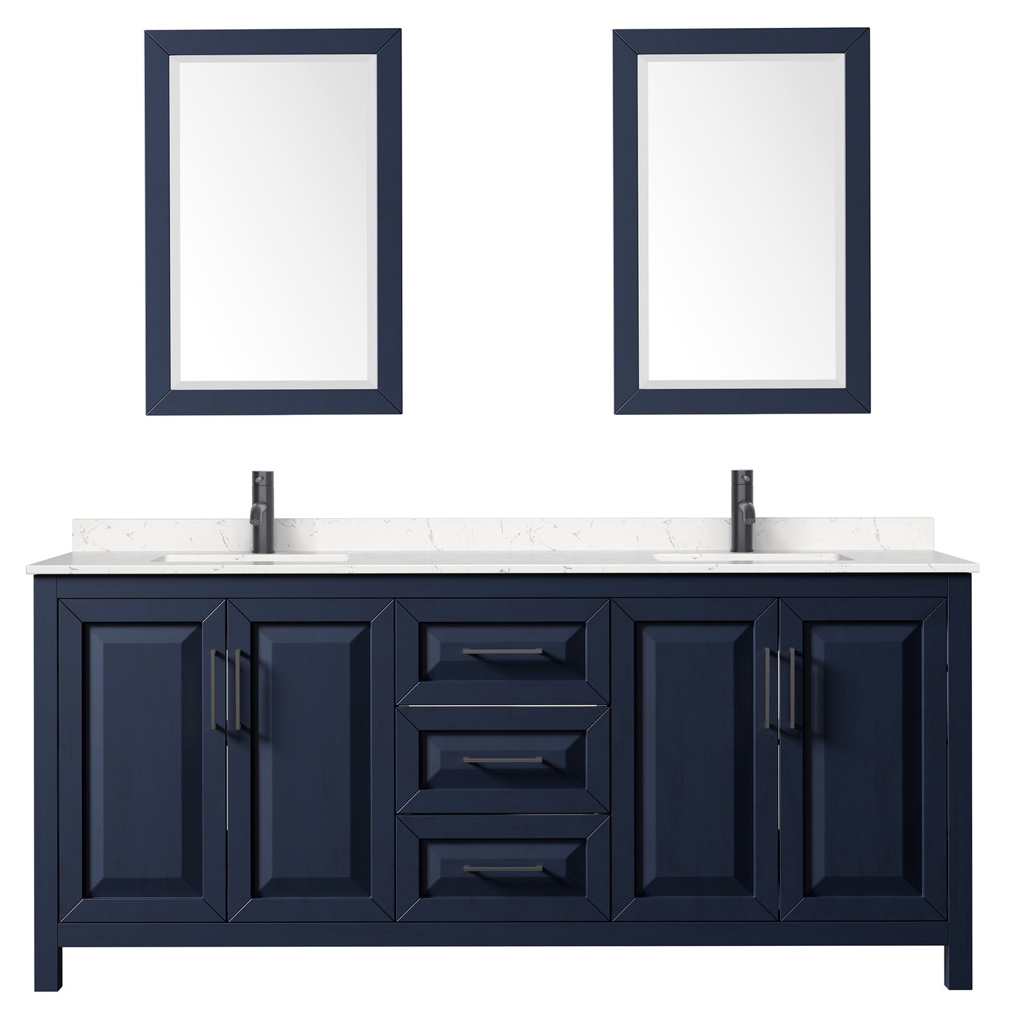 Wyndham Daria 80 Inch Double Bathroom Vanity Light-Vein Carrara Cultured Marble Countertop, Undermount Square Sinks in Matte Black Trim with 24 Inch Mirrors - Luxe Bathroom Vanities