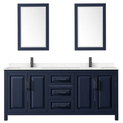 Wyndham Daria 80 Inch Double Bathroom Vanity Light-Vein Carrara Cultured Marble Countertop, Undermount Square Sinks in Matte Black Trim with 24 Inch Mirrors - Luxe Bathroom Vanities