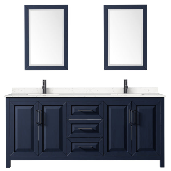 Wyndham Daria 80 Inch Double Bathroom Vanity Light-Vein Carrara Cultured Marble Countertop, Undermount Square Sinks in Matte Black Trim with 24 Inch Mirrors - Luxe Bathroom Vanities