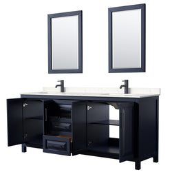 Wyndham Daria 80 Inch Double Bathroom Vanity Light-Vein Carrara Cultured Marble Countertop, Undermount Square Sinks in Matte Black Trim with 24 Inch Mirrors - Luxe Bathroom Vanities