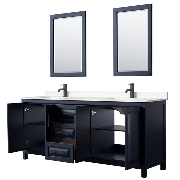 Wyndham Daria 80 Inch Double Bathroom Vanity Light-Vein Carrara Cultured Marble Countertop, Undermount Square Sinks in Matte Black Trim with 24 Inch Mirrors - Luxe Bathroom Vanities