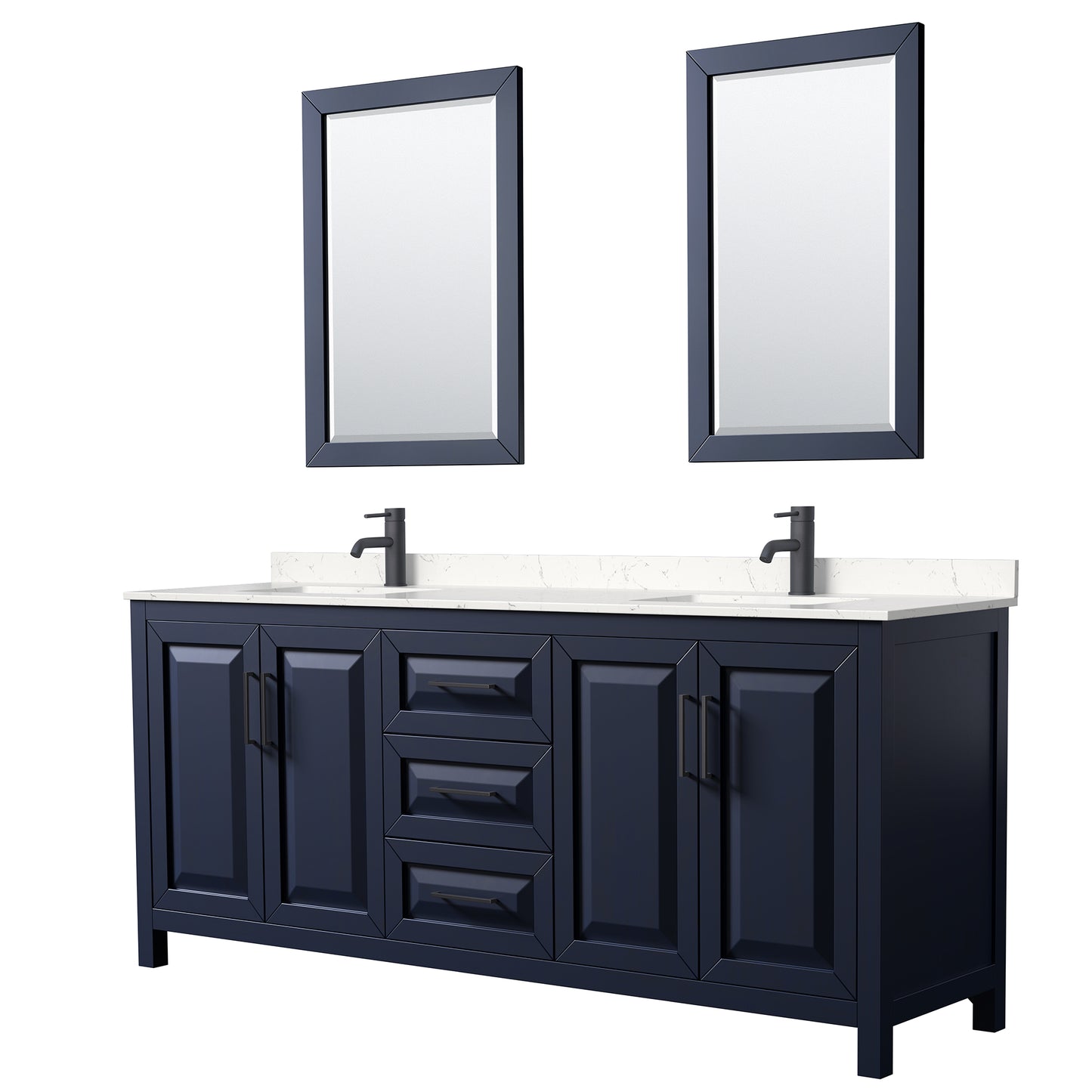 Wyndham Daria 80 Inch Double Bathroom Vanity Light-Vein Carrara Cultured Marble Countertop, Undermount Square Sinks in Matte Black Trim with 24 Inch Mirrors - Luxe Bathroom Vanities