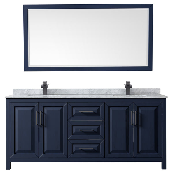 Wyndham Daria 80 Inch Double Bathroom Vanity White Carrara Marble Countertop, Undermount Square Sinks in Matte Black Trim with 70 Inch Mirror - Luxe Bathroom Vanities