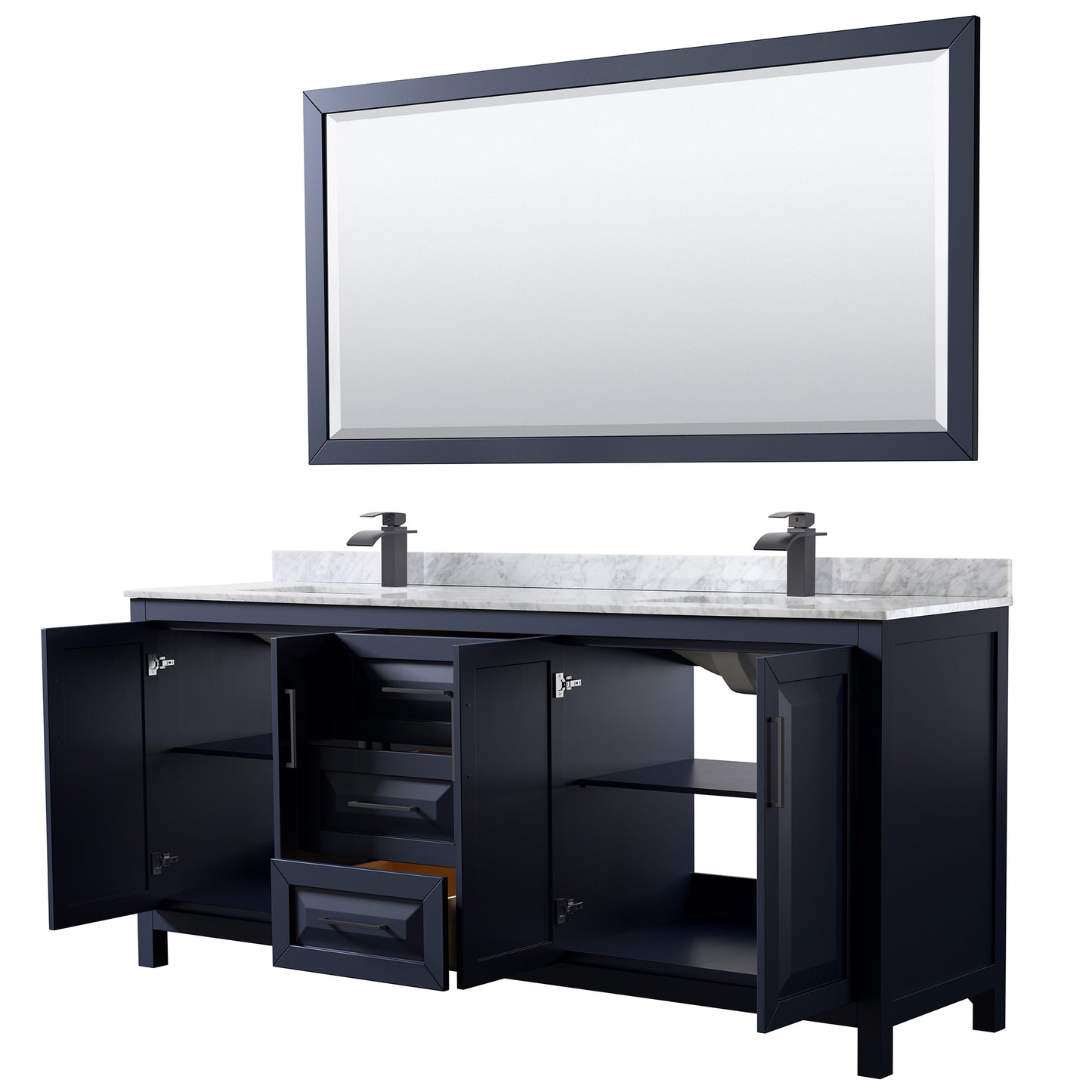 Wyndham Daria 80 Inch Double Bathroom Vanity White Carrara Marble Countertop, Undermount Square Sinks in Matte Black Trim with 70 Inch Mirror - Luxe Bathroom Vanities